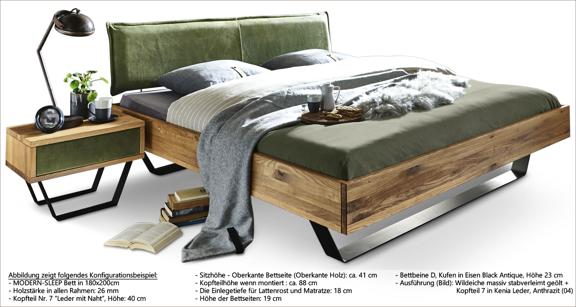 Massives Bett Modern Sleep von Tjoernbo aus Dänemark: Wildeiche geölt, Lederkopfteil, Metallkufen